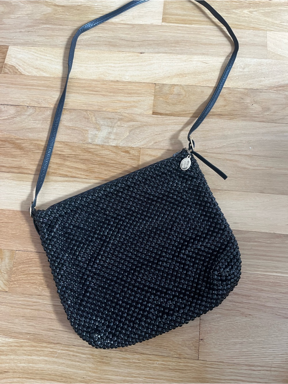 Vintage WHITING & DAVIS Black Metal Mesh Purse Evening Bag Leather Strap